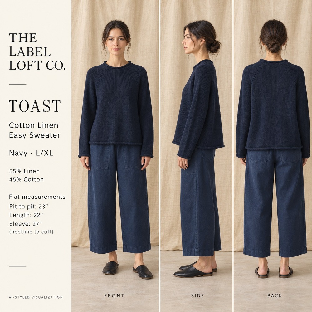 TOAST Linen Cotton Easy Sweater Womens L/XL Navy Funnel Neck Raglan Rolled Hem